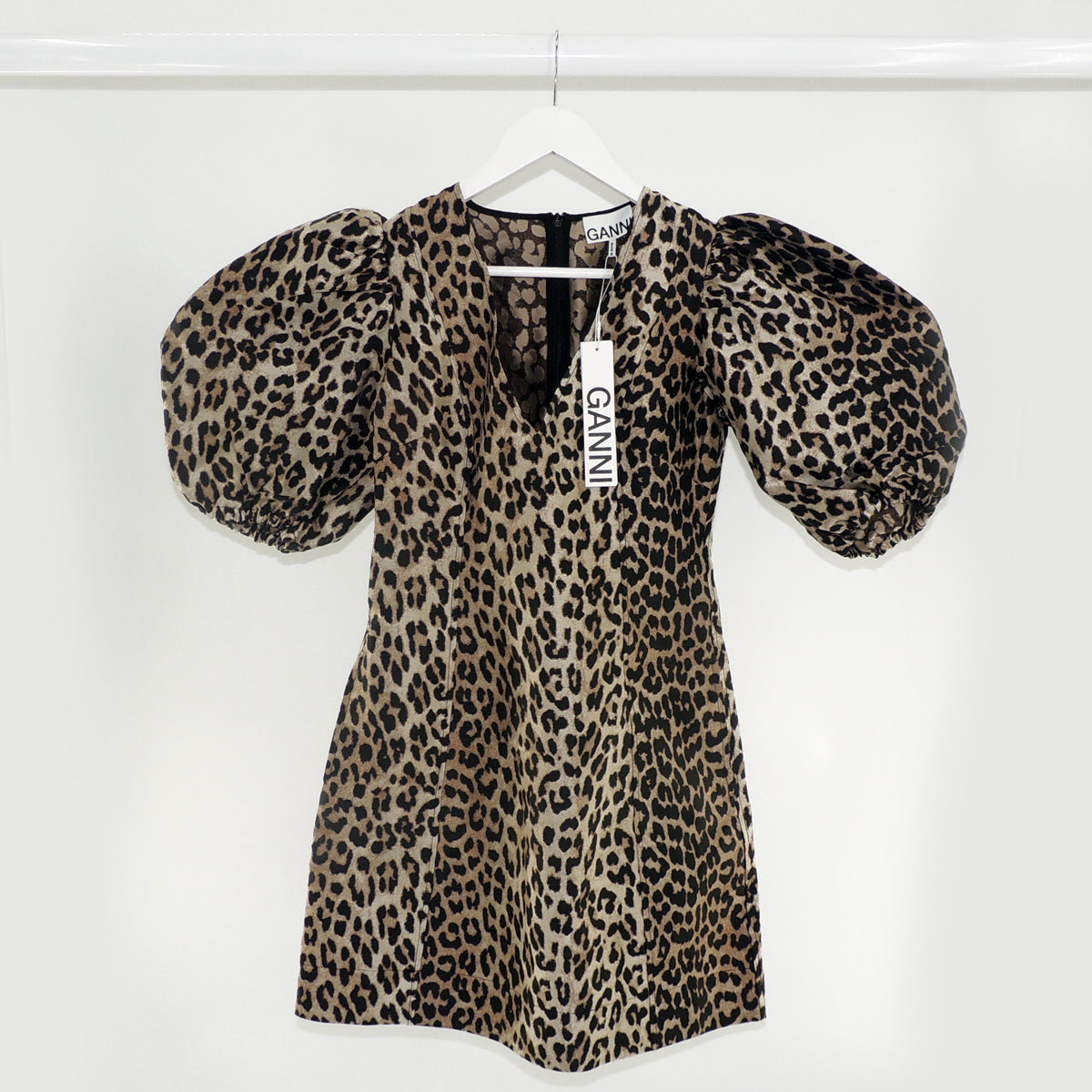 Ganni Leopard print Jaquard Mini V-neck Dress size UK size 8